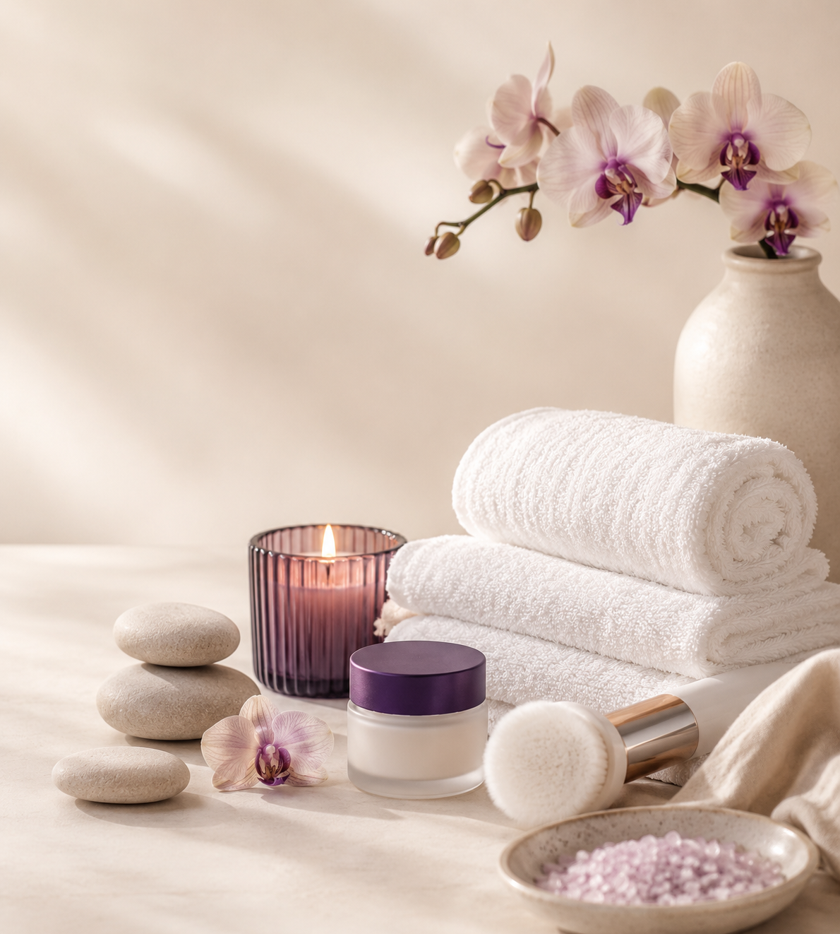 Rolled towel, spa stones, candle and orchids at Delite Salon